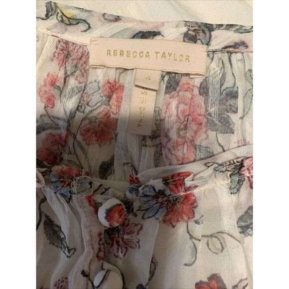rebecca taylor White Pink Floral Silk Long Sleeve Top Blouse 4 Small - Picture 4 of 5